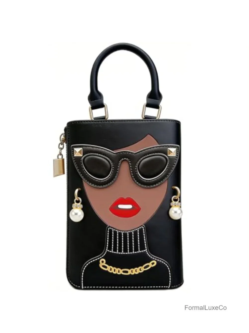 Women's Novelty 3D Lady Face Satchel PU Leather Handbag with Pearl Gold